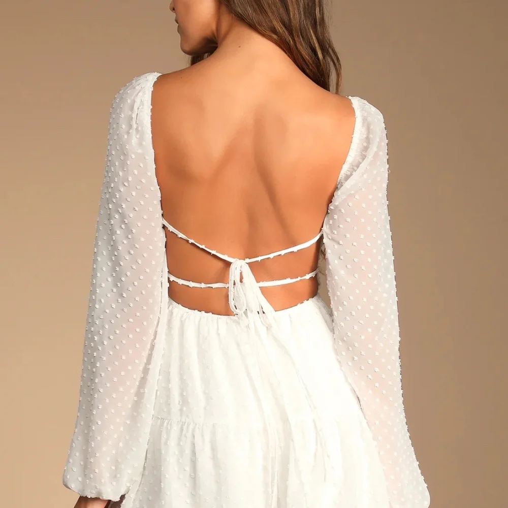 Lulus Longing And Love White Swiss Dot Puff Long Sleeve Mini Dress - Size L - Picture 2 of 2